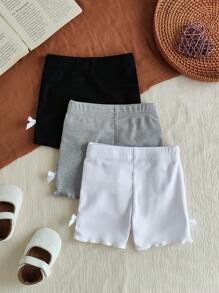 SHEIN Vintaside Kids 3件套女婴0-3岁春夏新款休闲运动柔软弹力罗纹针织短裤套装，柔和色调粉色、米色、灰色，三件套修身短裤，适合居家和户外穿着 - 彩色 - 查看 2