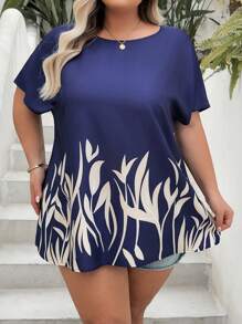 SHEIN CURVE+ Plus Size Women's Retro Country Style Leaf Print Relaxed Fit Round Neck Raglan Sleeve Blouse, Summer Clothing - Multicolor - View 5