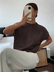 Siren Gaze Women Floral Pattern Round Neck Loose Knit Short Sleeve Top,Knitted Sweater Brown