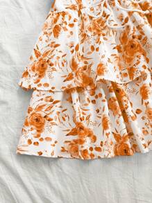 Soleia 大码复古风水彩玫瑰印花荷叶边系带露背休闲夏日连衣裙，适合毕业典礼、婚礼、返校、圣诞节等场合，可爱连衣裙，适合女性度假、沙滩、阳光沙滩等场合，波西米亚风