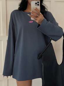SHEIN EZwear 女士圆领长袖印花休闲宽松 T 恤 - 深灰色 - 查看 1