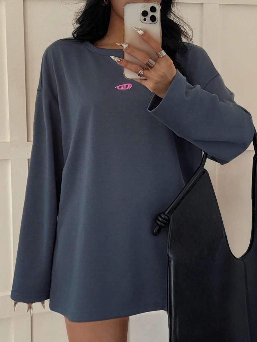 SHEIN EZwear 女士圆领长袖印花休闲宽松 T 恤 - 深灰色 - 查看 1