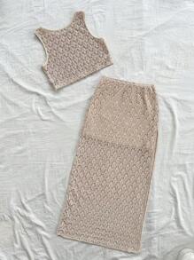 Conjunto de 2 piezas de top corto de punto y ganchillo y falda con abertura para niñas preadolescentes, ideal para vacaciones, festivales de música, estilo bohemio