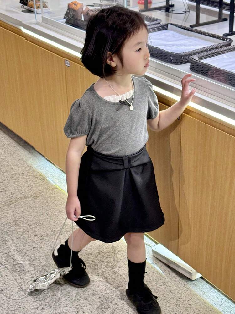 2pcs/Set Young Girl Bowknot Decor Puff Sleeve Top And Mini Skirt