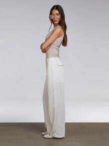 Athîral 女士条纹口袋阔腿宽松休闲百搭长裤 - 米色 - 查看 5