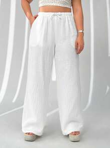 SHEIN EZwear Plus Size Women Beach Vacation, Brunch For Women, White Casual Drawstring Pockets Wide Leg Pants, Spring Summer - White - View 5
