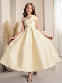 花童长款缎面连衣裙，带蝴蝶结肩带，高档选美舞会婚礼生日派对礼服 - 香檳色 - 查看 1