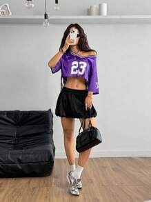 Coolane Camiseta de manga corta morada con estampado de número de piloto callejero para mujer - Morado - Ver 2