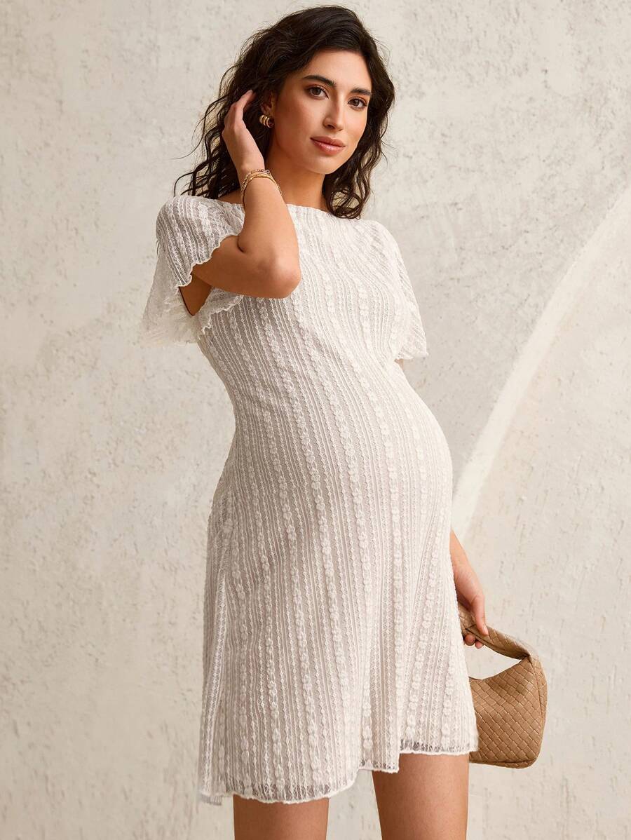 SHEIN MaterniWear 优雅孕妇圆领短袖蕾丝连衣裙，适合工作/办公室 - 白色 - 查看 1