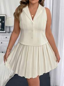 Franclia Plus Size Women Single-Breasted Vest And Pleated Midi Skirt Casual 2-Piece Set