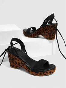 CUCCOO SZL 女士黑色豹纹坡跟厚底凉鞋，性感交叉带女士凉鞋