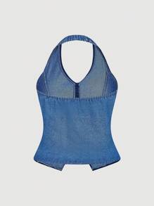 SHEIN MOD Plus Size Denim Blue Top  Sexy Halter Neck Bow Vest Top Summer Denim Tops