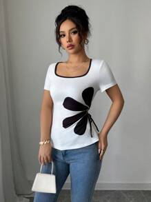 Rafferiza 方领黑白花卉印花抽绳 T 恤 - 白色 - 查看 6