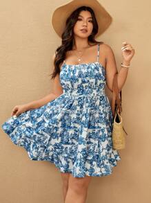 Elaquor Plus Size Vacation Casual All-Over Print Cinched Waist Cami Dress