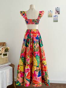 Soleia Women's Tropical Plant Print Ruffled Sleeve Dress Beach Vacation Outfits Spring Summer Outfits For Women West Music Festival Bohemia Holiday Boho