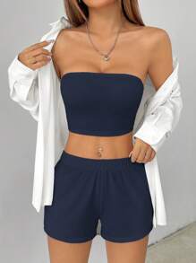 SHEIN PETITE Women's Solid Color Casual Two Pieces Set, Summer Sets - Navy Blue - View 3
