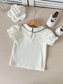 SHEIN Elladie kids 女宝宝优雅简约百搭蝴蝶结设计领针织罗纹泡泡袖上衣，春夏 - 白色 - 查看 3
