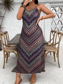 Vionelle Plus Size Women Vintage Style Striped Printing Spaghetti Strap Dress Maxi Women Outfit - Multicolor - View 3