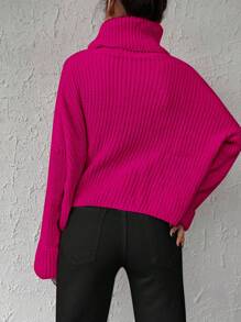 EURMUSE Solid Color Turtle Neck Batwing Sleeve Sweater - Hot Pink - View 2