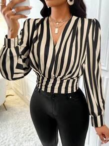SOLERSUN Women's Stripe Ruffle Waist Long Sleeve Stylish Blouse (Assorted Patterns) Fall Cloth For Women - Black - View 4