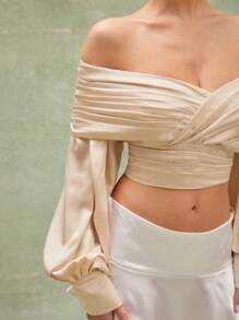 L'Amorae Women's Beige Satin Off Shoulder Pleated Neckline Long Sleeves Top - Apricot - View 4