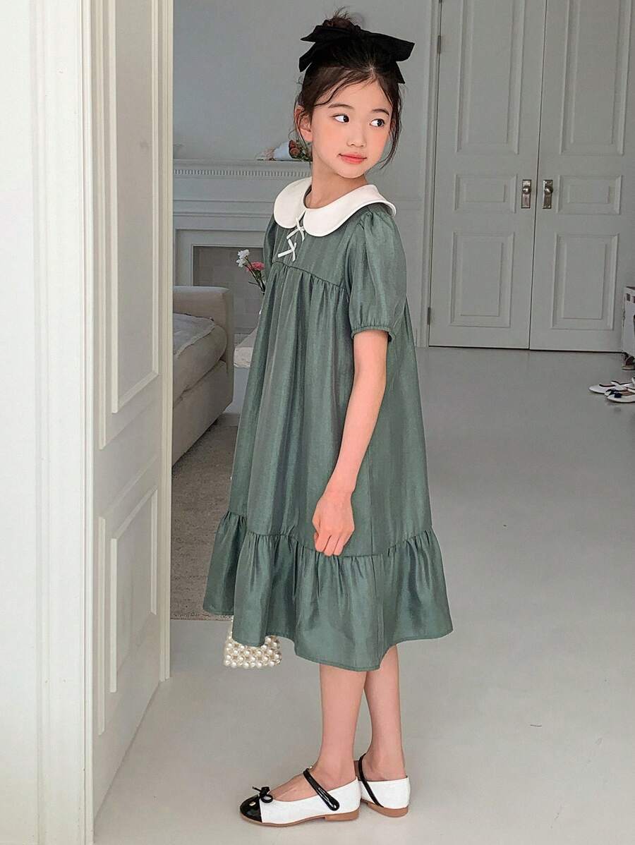 DAZY Váy ngắn tay dệt họa tiết búp bê khối màu cho bé gái tuổi mới lớn, mùa hè, quần áo trở lại trường - Màu xanh lá cây đậm - Xem 1