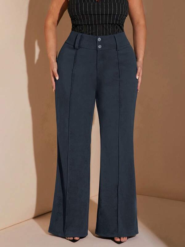 SHEIN BAE Plus Size Women's Autumn And Winter Office Commuting Elegant Casual Street Wide Waist Fit Flared Pants Teacher Pants Women's Trousers