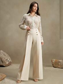 Anewsta Quần xếp ly cạp cao cho nữ có khóa kim loại, trang phục công sở giản dị, phong cách quý tộc - Màu be - Xem 5