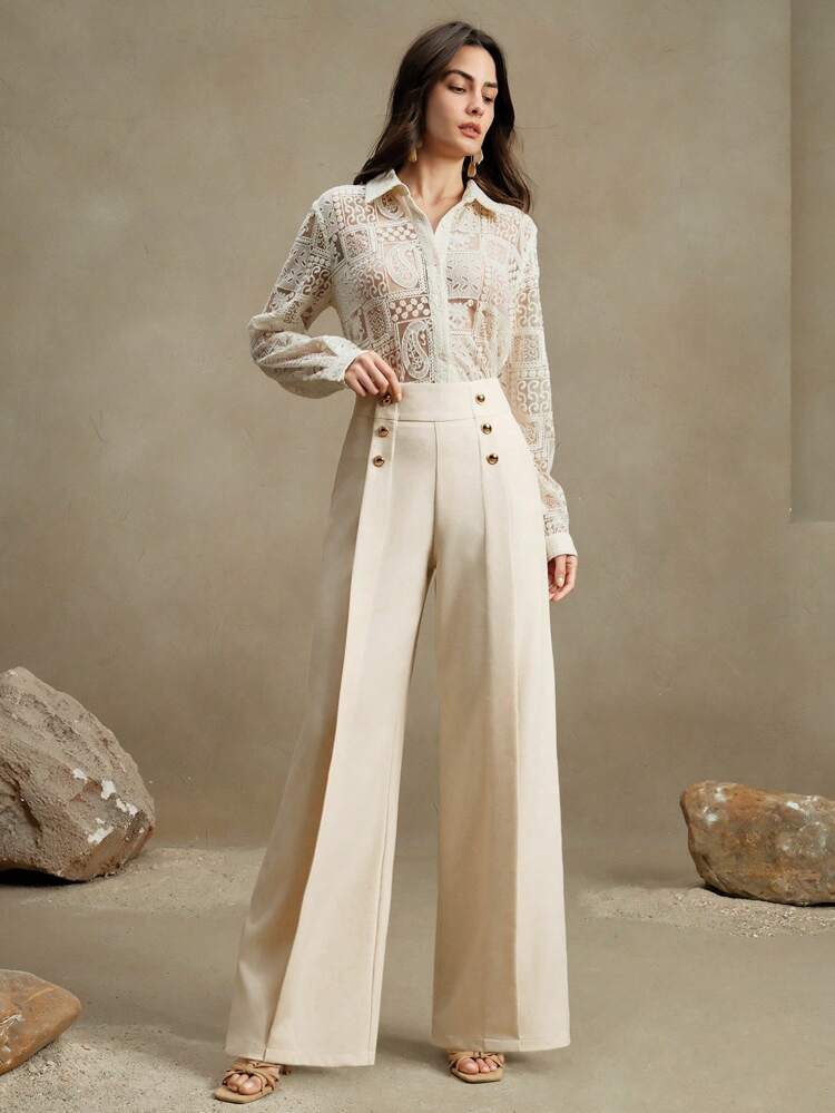 ウィメンズ ハイウエスト プリーツパンツ メタリックバックル装飾、ビジネスカジュアル、オールドマネースタイル