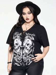 ROMWE Goth Plus Size V-Neck Drawstring Skull & Snake Skin Graphic Print Short Sleeve T-Shirt - Black - View 3