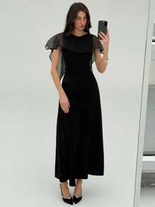 Aloruh Women's Mesh Patchwork Round Neck Waisted Long Dress,Tea Party Dress,Summer Dresses For Women,Business Casual Woman - Black - View 7
