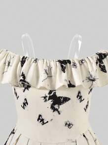 Girls' Soft & Comfortable Tie-Dye Butterfly Print Dress With Transparent Spaghetti Straps And Off-Shoulder Design, Charming And Cute Look,Holiday,Summer,Travel - Beige - View 3