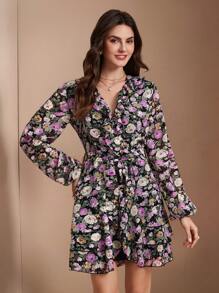 SHEIN Unity Gaun Mini Wanita Leher V Motif Bunga Kecil, Pakaian Musim Gugur Elegan untuk Wanita - MultiWarna - View 1
