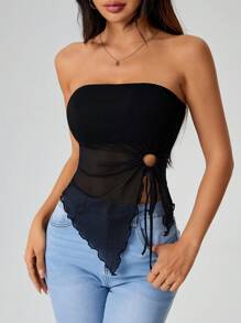 SHEIN PETITE Lettuce Trim Drawstring Sides Asymmetrical Hem Asymmetrical Two Pieces Top - Navy Blue - View 3