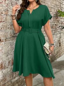 EMERY ROSE Plus Size V-Neck Shirred Waist Casual/Holiday Burgandy Dress - Green - View 5