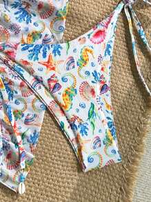 Swim Mod 3-Piece Random Watercolor Stripe Textured Fabric Shell Charm Triangle Top, Side Tie Bottoms And Mesh Sarong, Summer Vacation Bikini Set