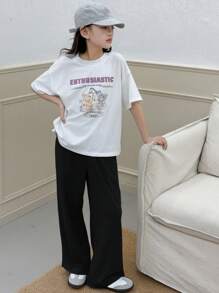 Dazy Kids 2 peças/Conjunto Camiseta de Malha de Gola Redonda Estampada + Calça Pantalona de Malha Larga Loungewear para Meninas, Primavera/Verão, Roupas de Volta às Aulas