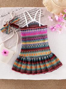 SHEIN Young Girl Knit Ruffle Hem Holiday Dress, Beach Island Vacation Boho Outfit