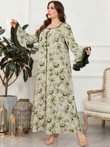 Al Najma 大码花卉拼布喇叭袖装饰纽扣前开襟连衣裙，浪漫