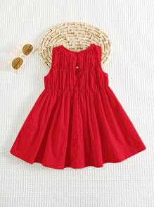 Cozy Pixies Young Girl Color Blocked Bow Decor Round Neck Waist Fitted Sleeveless Dress - Red - View 2