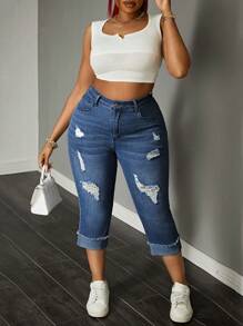 SHEIN Plus Size Frayed Hem Versatile 7/8 Length Straight Leg Jeans    Women Autumn Outfits Women Jeans High Waisted