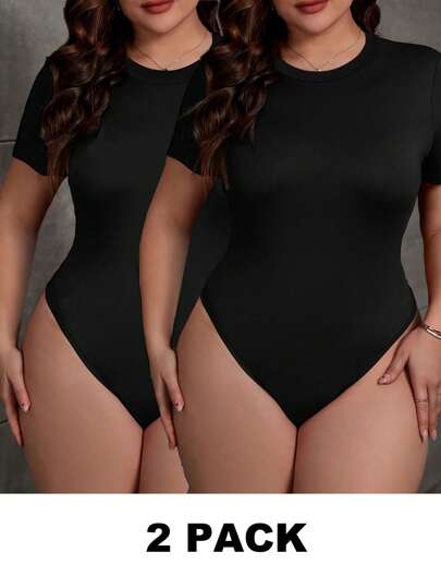 SHEIN Essnce 2pcs/Set Plus Size Solid Black Casual Tight Bodysuit, Suitable For Summer