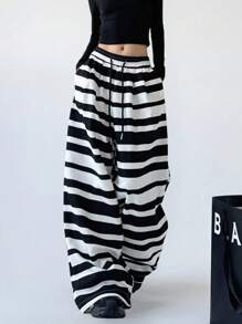 INAWLY Women Casual Striped Drawstring Waist Wide Leg Pants - Black and White - View 1