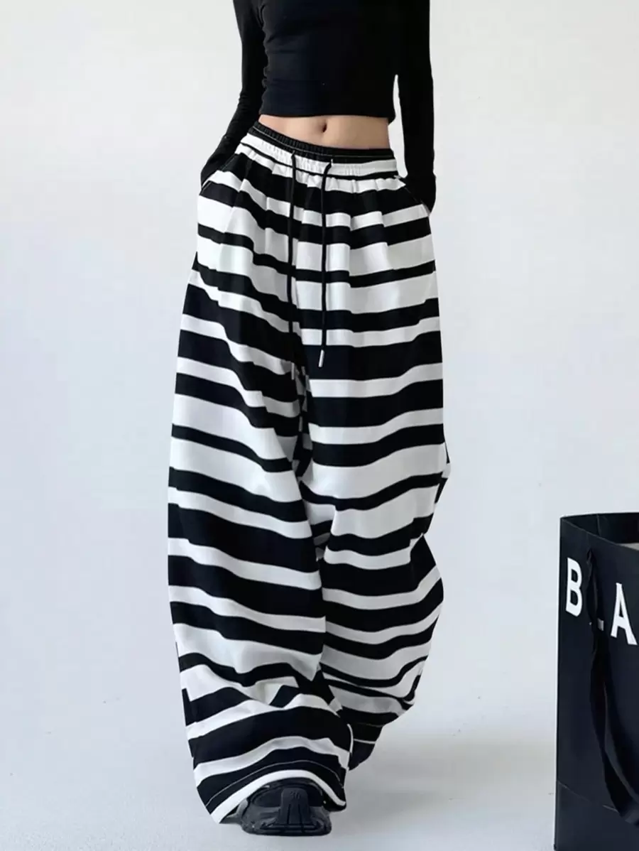 INAWLY Women Casual Striped Drawstring Waist Wide Leg Pants - Black and White - View 1
