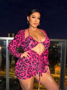 Swim SXY Conjunto de bikini de 3 piezas con estampado de leopardo talla grande para la playa en verano