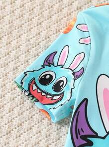 2pcs Toddler Boys Snug Fit Set - Simple Blue Base Monster & Rabbit Ear Print Short Sleeve Top And Pants, Easter Animal Pattern - Multicolor - View 3