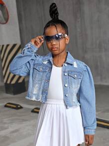 SHEIN Tween Girl' Denim Jacket And Outerwear - Light Wash - View 6