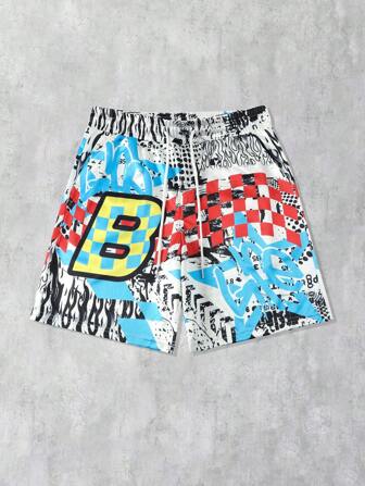 Street Life Pantalones cortos deportivos para hombres con cintura con cordón y estampado de letra, pantalones cortos de baloncesto