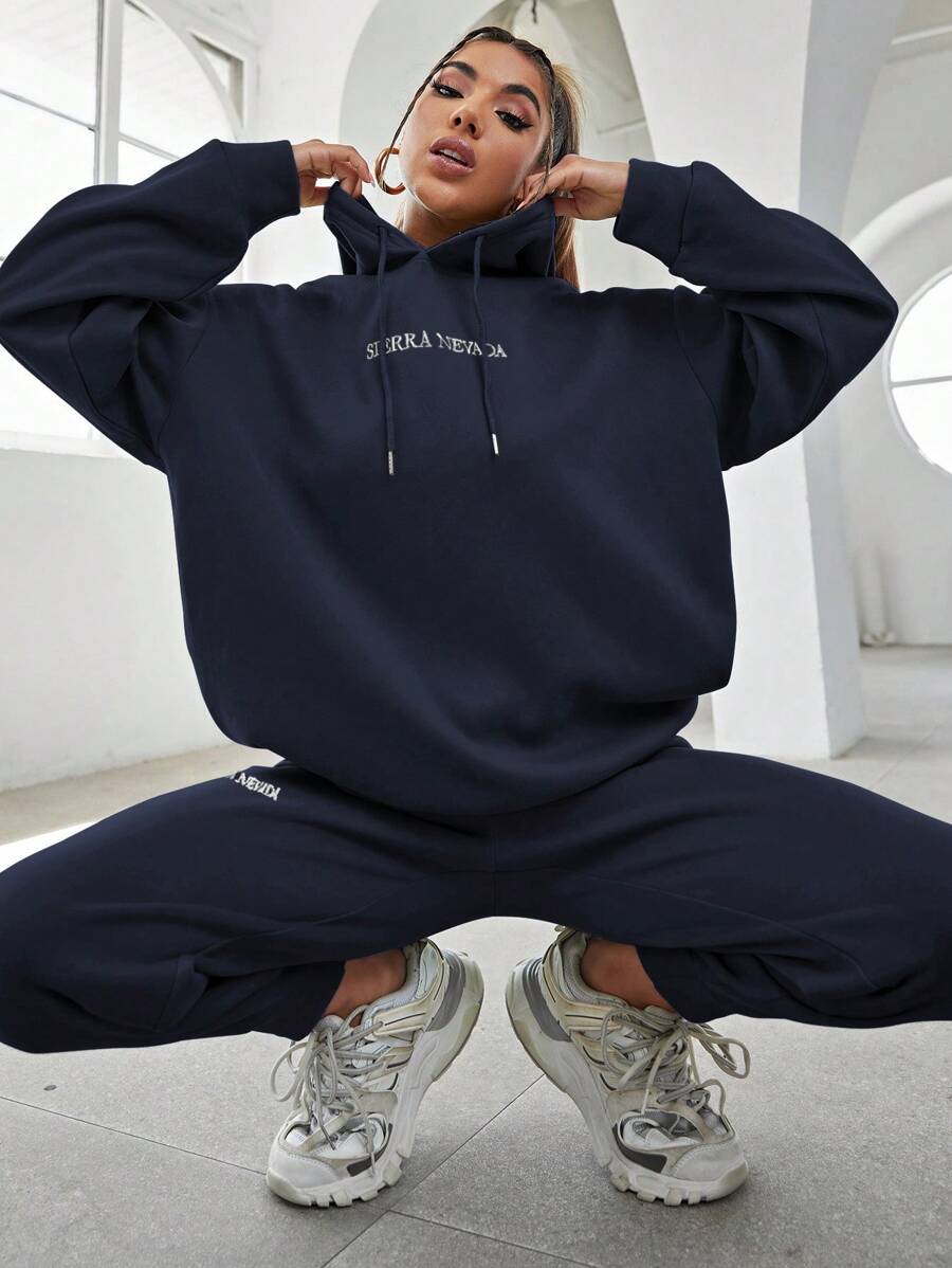 Cotton Slogan Graphic Drop Shoulder Drawstring Hoodie & Sweatpants - Navy Blue - View 1