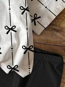 SHEIN Leap Crew 可爱条纹和蝴蝶结印花，青少年女孩休闲简约短袖 T 恤和短裤两件套，夏季 - 彩色 - 查看 5